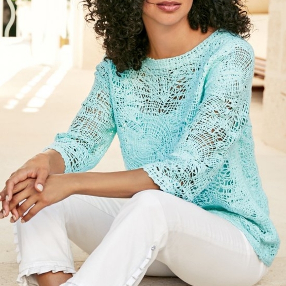 Soft Surroundings Tops - Soft Surroundings Teal Crocheted Lace 1/2 Sleeve Blouse Women's Size L
